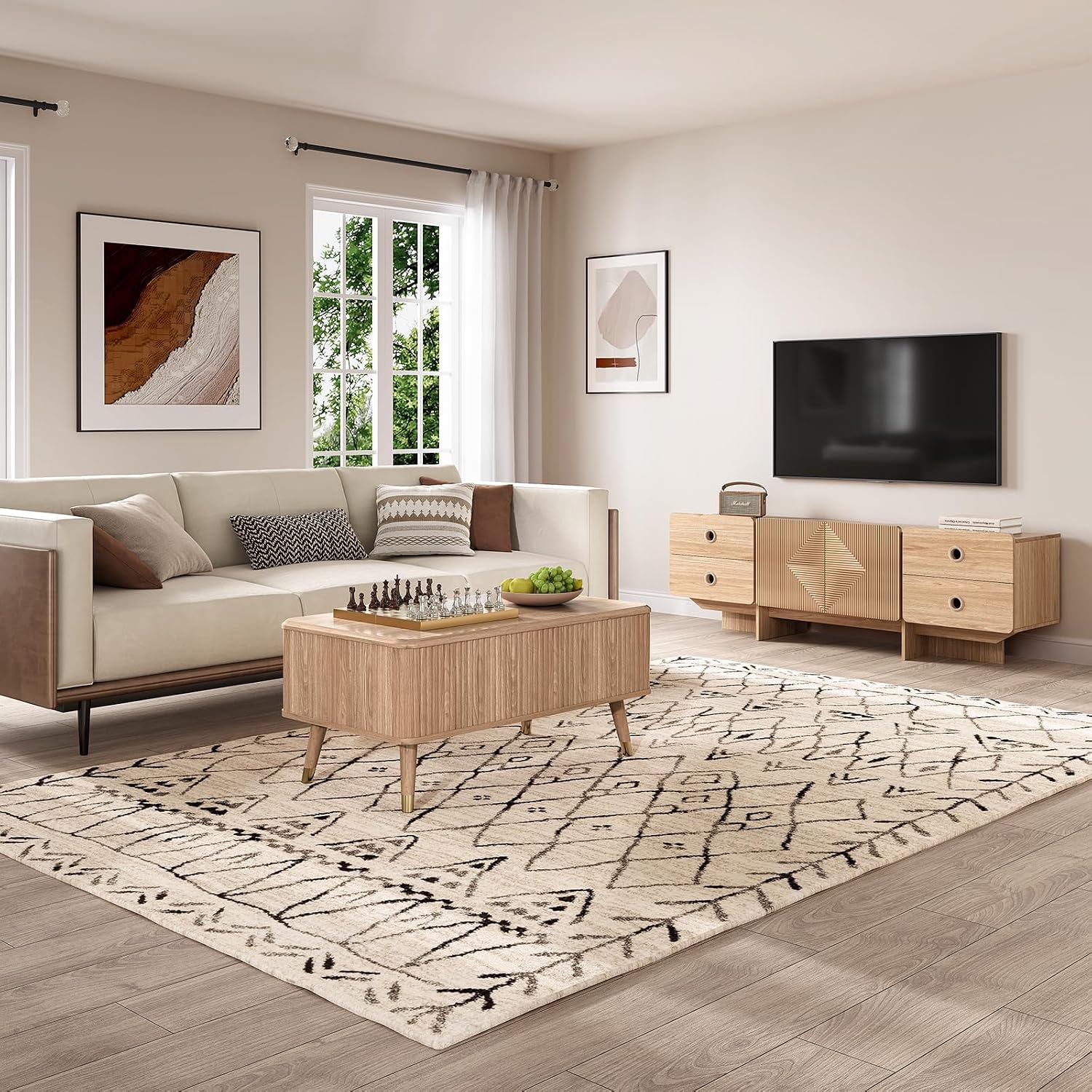Lift Top Coffee Table with Storage, Mid Century Modern Coffee Table with Solid Wood Legs, 38' Minimalist Fluted Center Table for Living Room, Home Office, Natural Oak