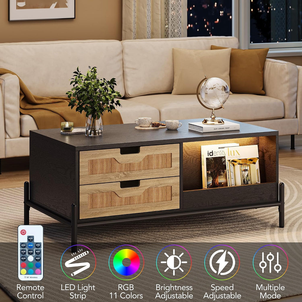 GarveeHome 40.7' Coffee Table with LED Lights for Living Room, Modern Coffee Tables with 4 Drawers and Open Storage Shelf, Farmhouse Coffee Table with Study Metal Legs，Black+Oak