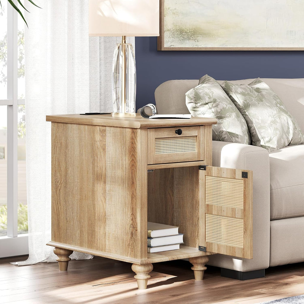 WAMPAT Farmhouse End Table with Charging Station, Wood Side Table with Power Outlets & USB Ports, Rattan Nightstand with Drawer for Living Room, Bedroom, Oak