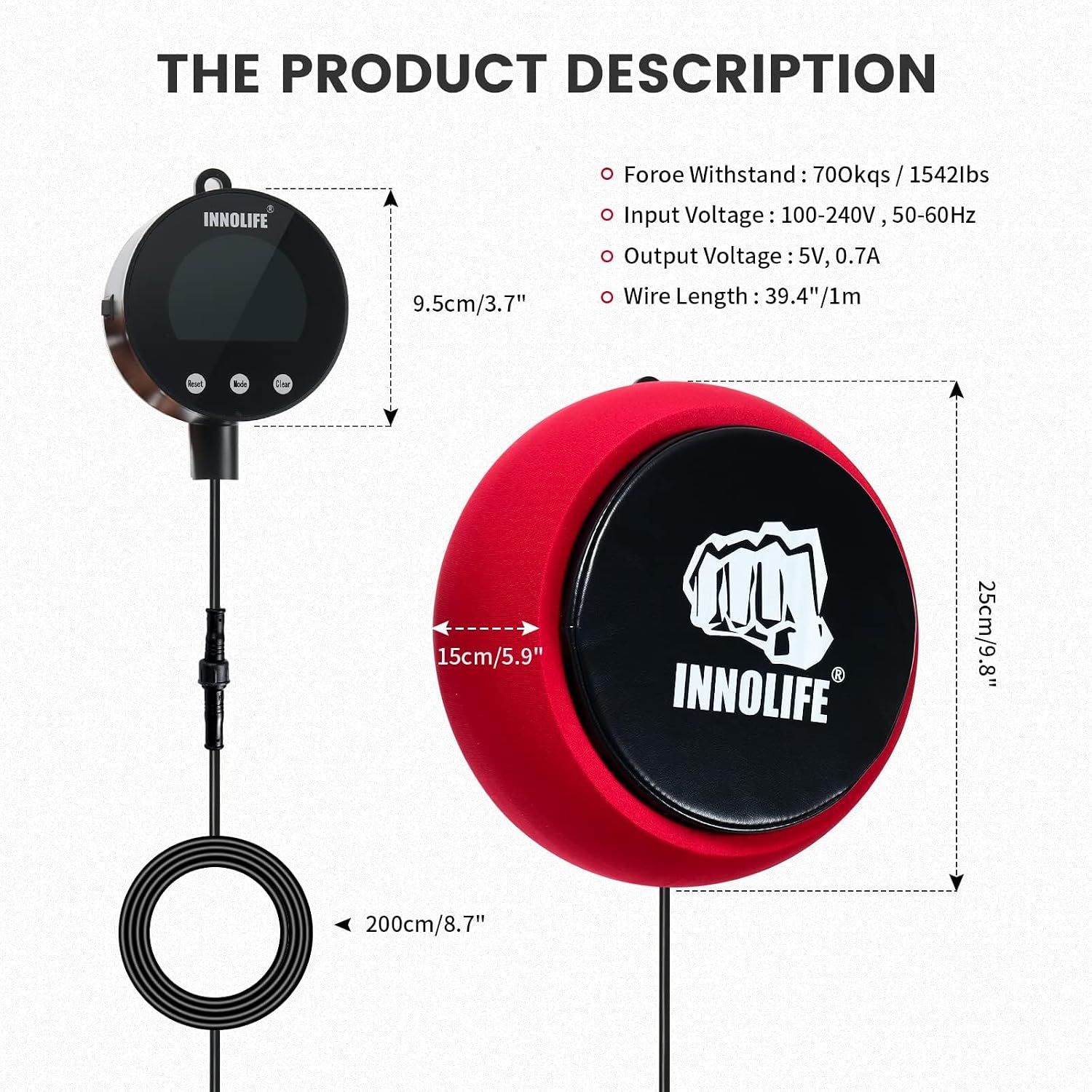 INNOLIFE Professional Boxing Dynamometer – High-Accuracy Punch Power Tracker with Soft Punching Pad and LCD Display, 1543Lbs Capacity, KG/LB/N Unit Switch