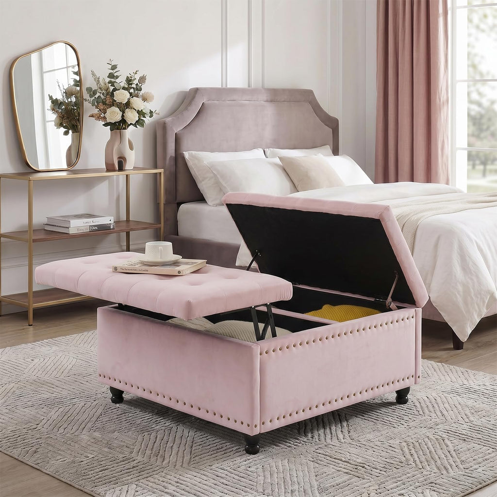 Tbfit Large Square Storage Ottoman Bench, Tufted Upholstered Coffee Table Ottoman with Lift Top & Wooden Legs, Oversized Storage Ottomans Toy Box for Living Room (Pink)