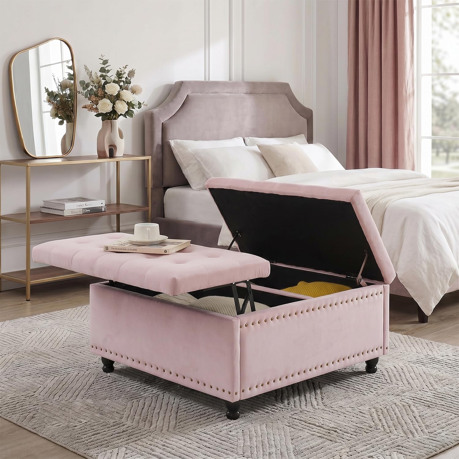 Tbfit Large Square Storage Ottoman Bench, Tufted Upholstered Coffee Table Ottoman with Lift Top & Wooden Legs, Oversized Storage Ottomans Toy Box for Living Room (Pink)