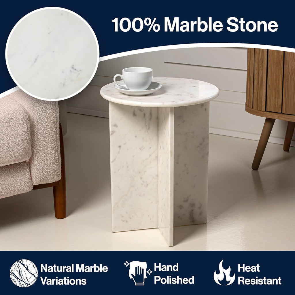 JONATHAN Y MTB1103A Javier 17.75' Contemporary Natural Marble Handmade X-Shaped End Table for Living Room, Bedroom, Bathroom, White