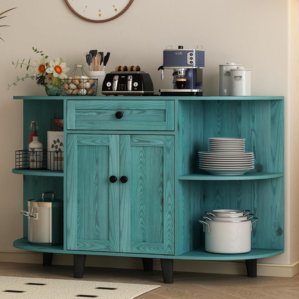 52' Sideboard Buffet Cabinet with Power Outlet,Coffee Bar Cabinet with Storage, 3 AC Outlets & 2 USB Ports,Kitchen Storage Cabinet with Drawer and Doors for Dining Room,Vintage Blue