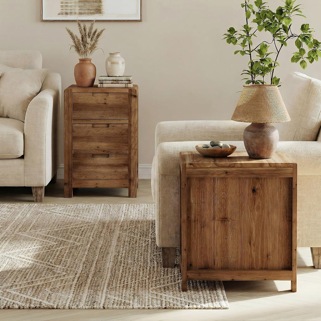 LITTLE TREE 3-Drawer Real Wood End Table, Narrow Side Table with Storage Drawers, Solid Wood Sofa Side Table for Living Room, Slim Nightstand Bedside Table for Bedroom, Natural Wood Color