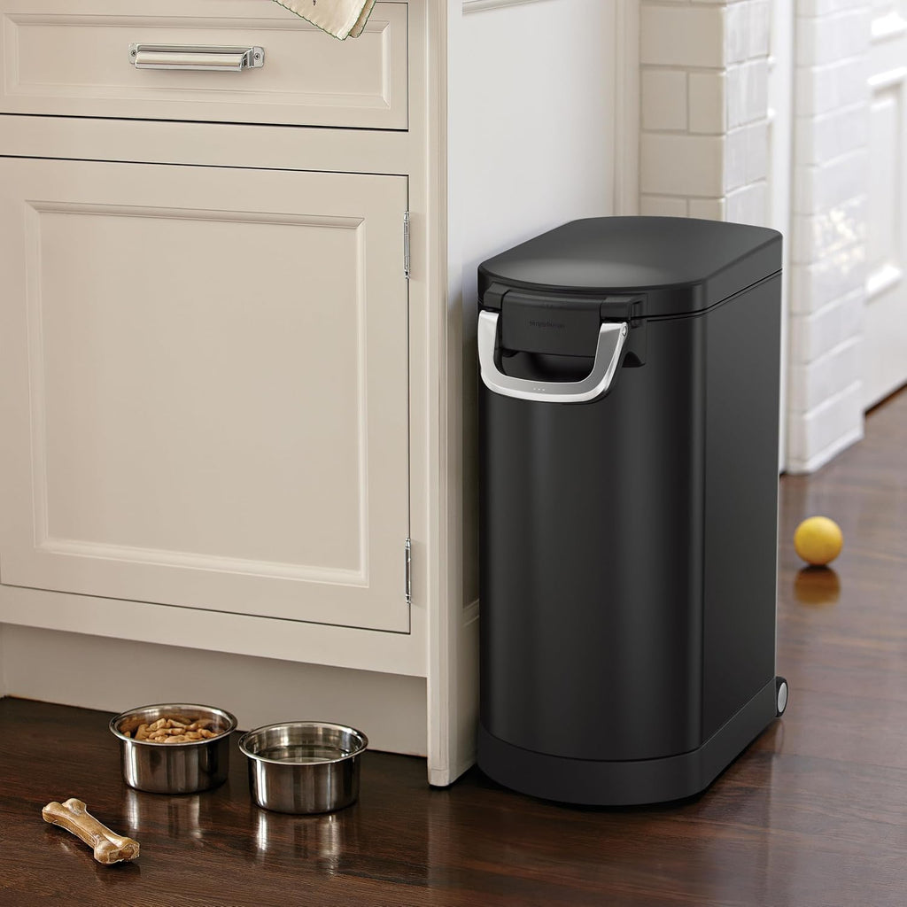 simplehuman Large Pet Food Storage Container, Holds 30-35 lb / 14-16 kg of Dry Dog Food, Cat Food, or Bird Seed, Airtight Lock-Tight Lid with Magnetic Scoop, BPA-Free, Matte Black Steel
