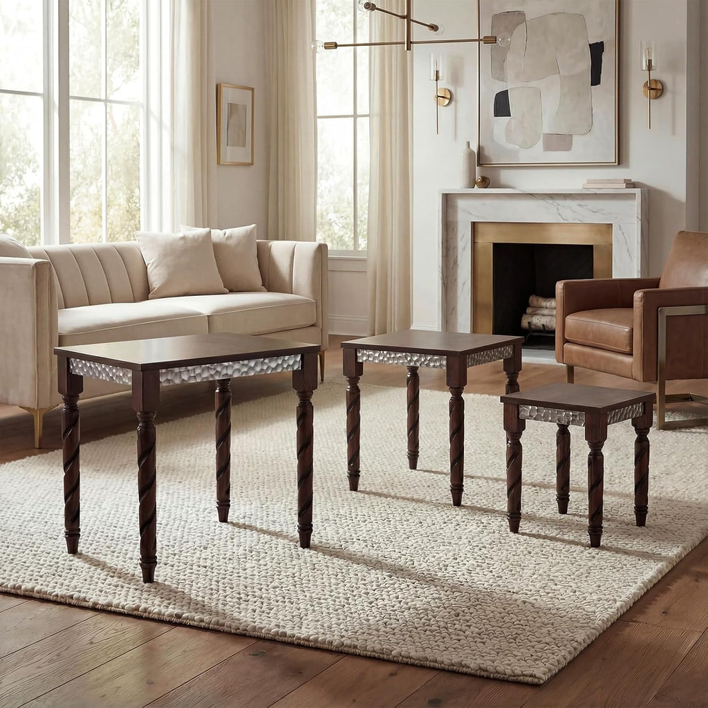 Hyfirm Nesting Tables Set of 3, Walnut Mid Century Modern Accent Tables with Spiral Rubber Wood Legs & Silver Honeycomb Apron, Retro Stackable Side Tables for Living Room, Bedroom & Small Apartments