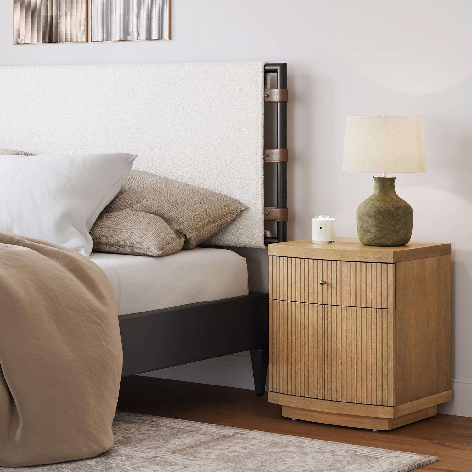 Nathan James Tambellini Mid Century Modern Nightstand, Bedside Table with Drawer and Cabinet Storage, Solid Wood Legs and Fluted Door Fronts, Light Brown