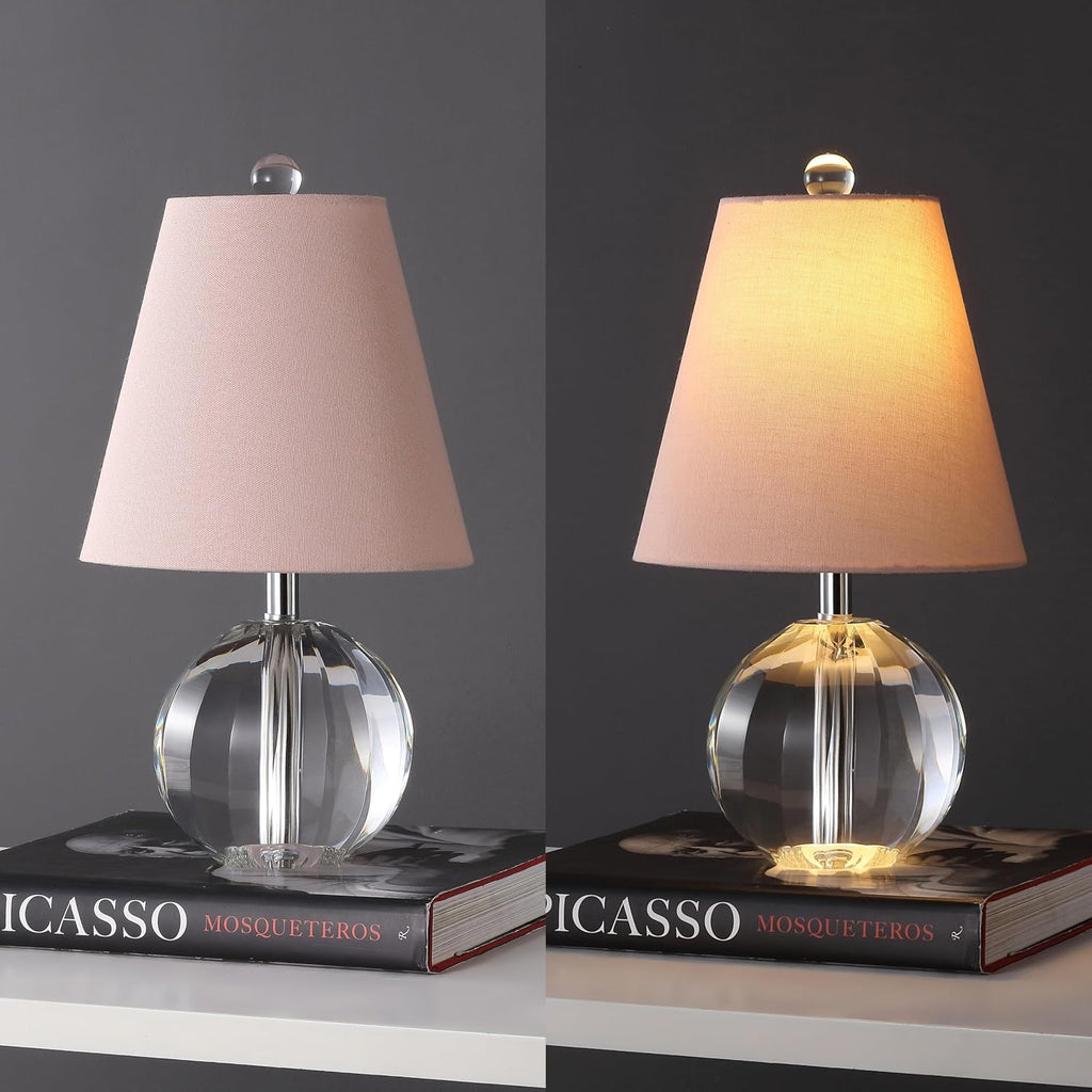 JONATHAN Y 16' Clear/Pink Crystal Ball LED Table Lamp, White Modern Bedside Lamp, with White Linen Empire Shade, Glam Orb Glass Nightstand Lamp for Living Room, LED Bulb (JYL2079C)