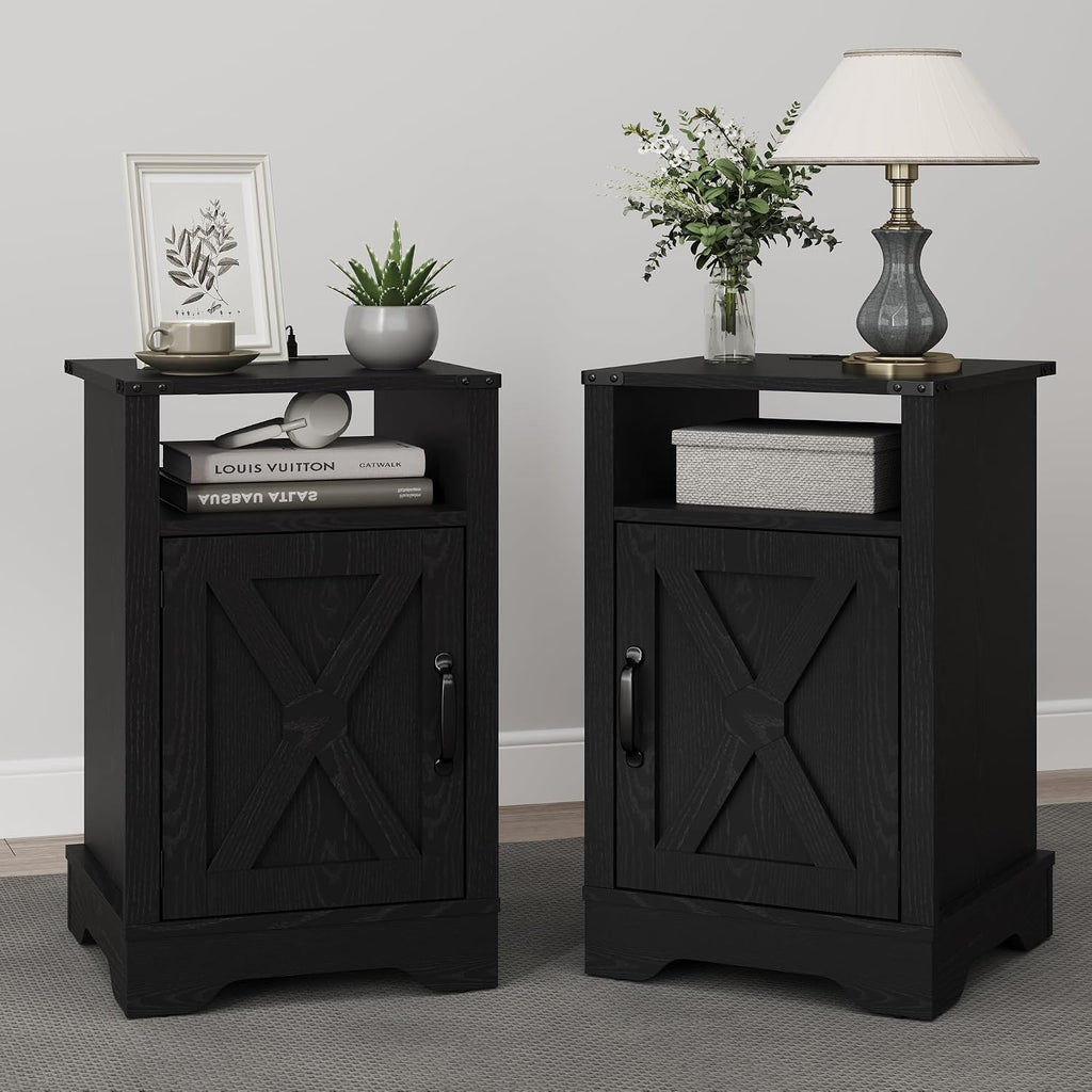 RoyalCraft Farmhouse Nightstand Set of 2, End Table with Charging Station, Tall Bedside Table with Large Storage and Shelf, Wooden Side Table with for Bedroom, Home Office, Black