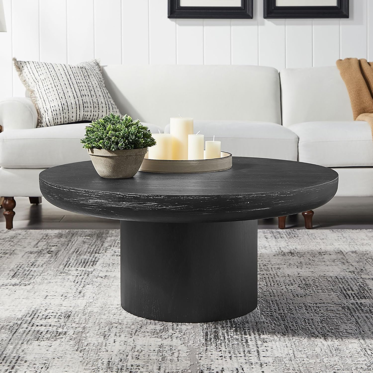 35.98'' Round Coffee Table, Circle Wood Black Coffee Table for Living Room, Modern Retro Style Pedestal Coffee Table, Easy Assembly, Black-ø35.98''