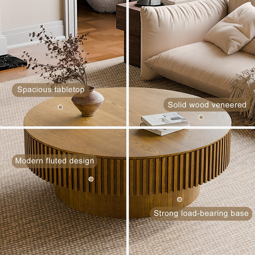 39'' Round Coffee Table with Storage, Modern Wooden Coffee Table with Solid Wood Veneered, Circle Center Table Accent Tea Table for Living Room Apartment Brown