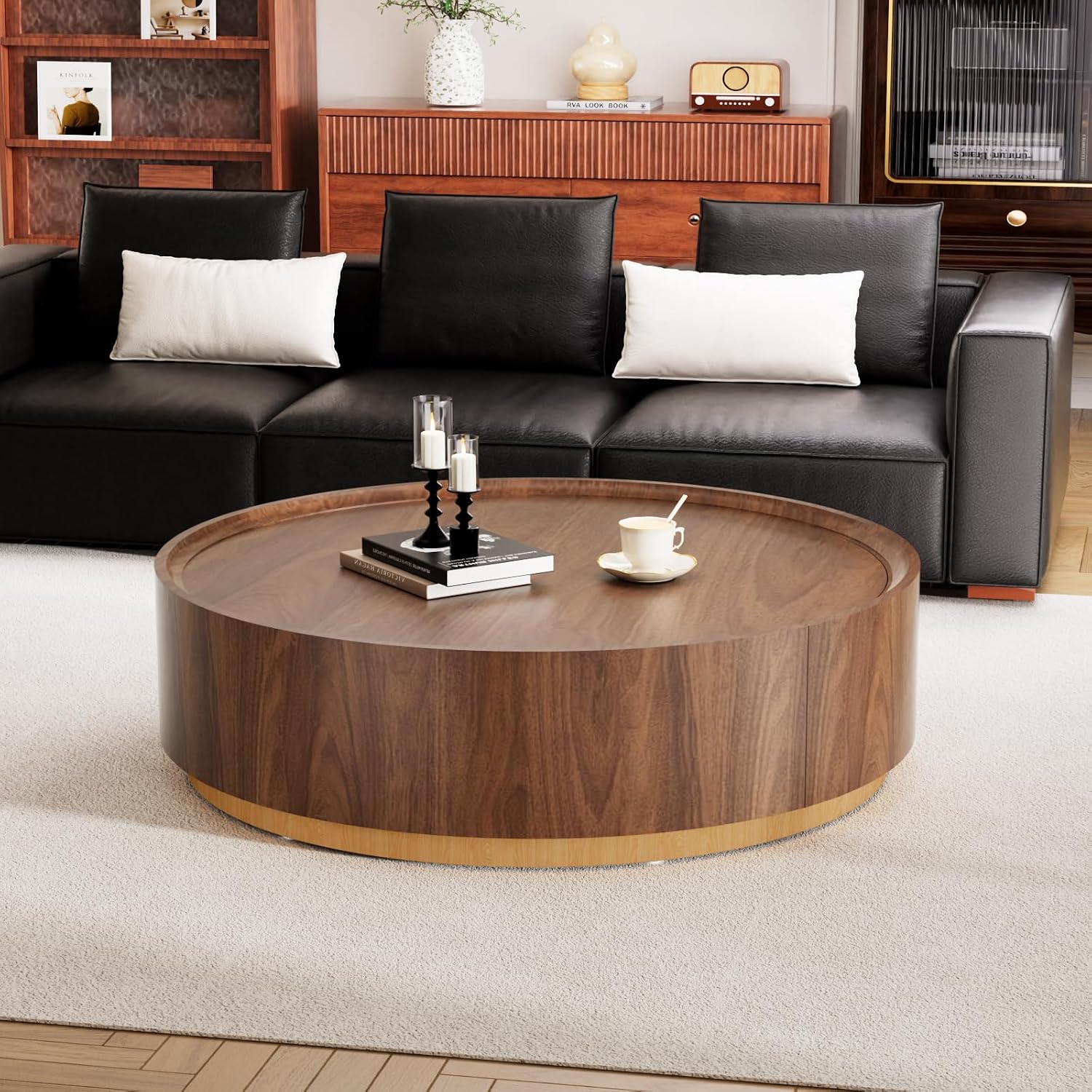 35.4' Round Coffee Table with Storage, Mid Century Modern Coffee Table with Hidden Drawer, Wooden Circle Center Tables, Drum Accent Tea Tables for Living Room Small Spaces (Walnut with Drawer)