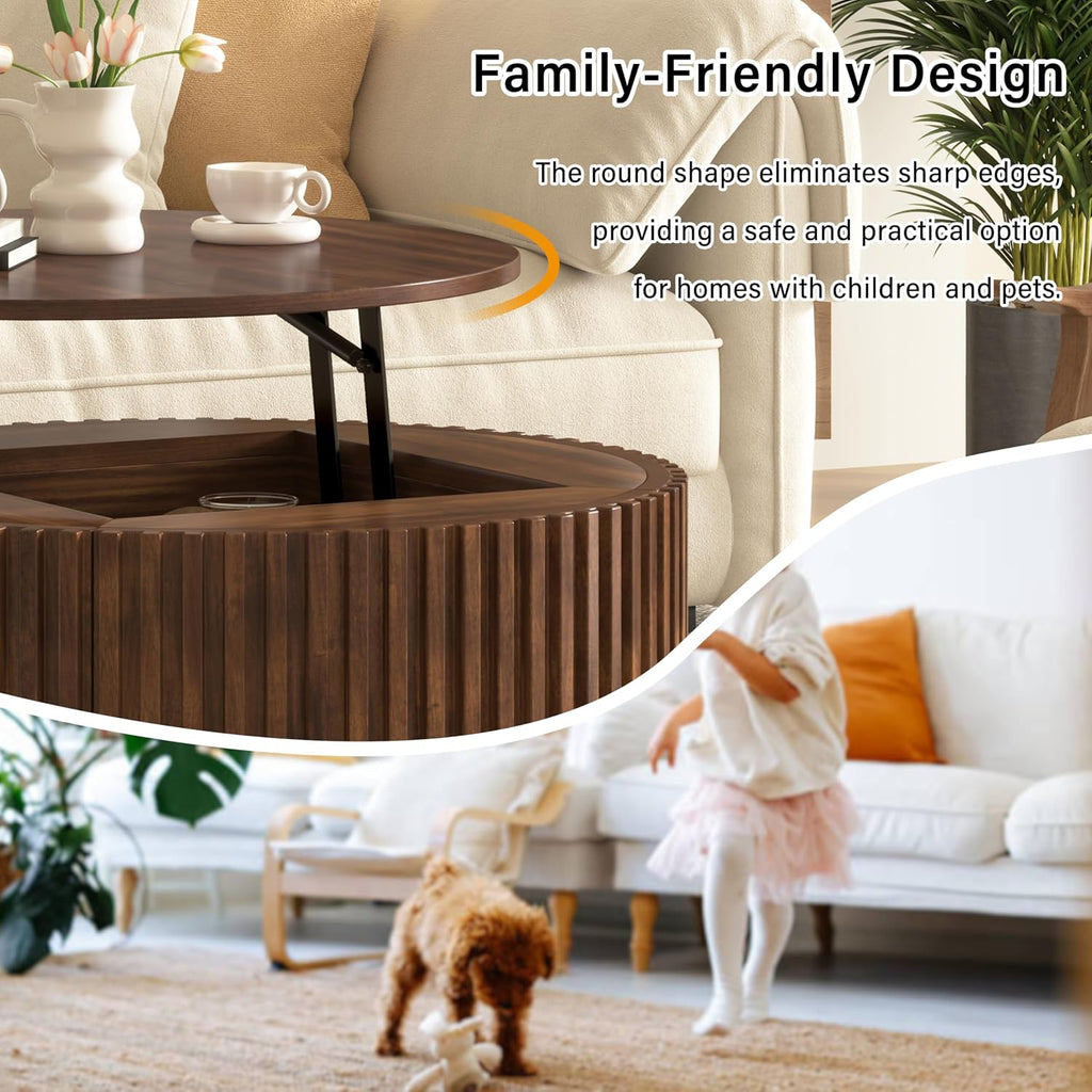 Round Lift Top Coffee Table, 29.8' Modern Fluted Wood Circle Table with Hidden Storage Drawer, Brown Solid Wood & MDF Cylinder Side Table for Living Room Bedroom Small Space