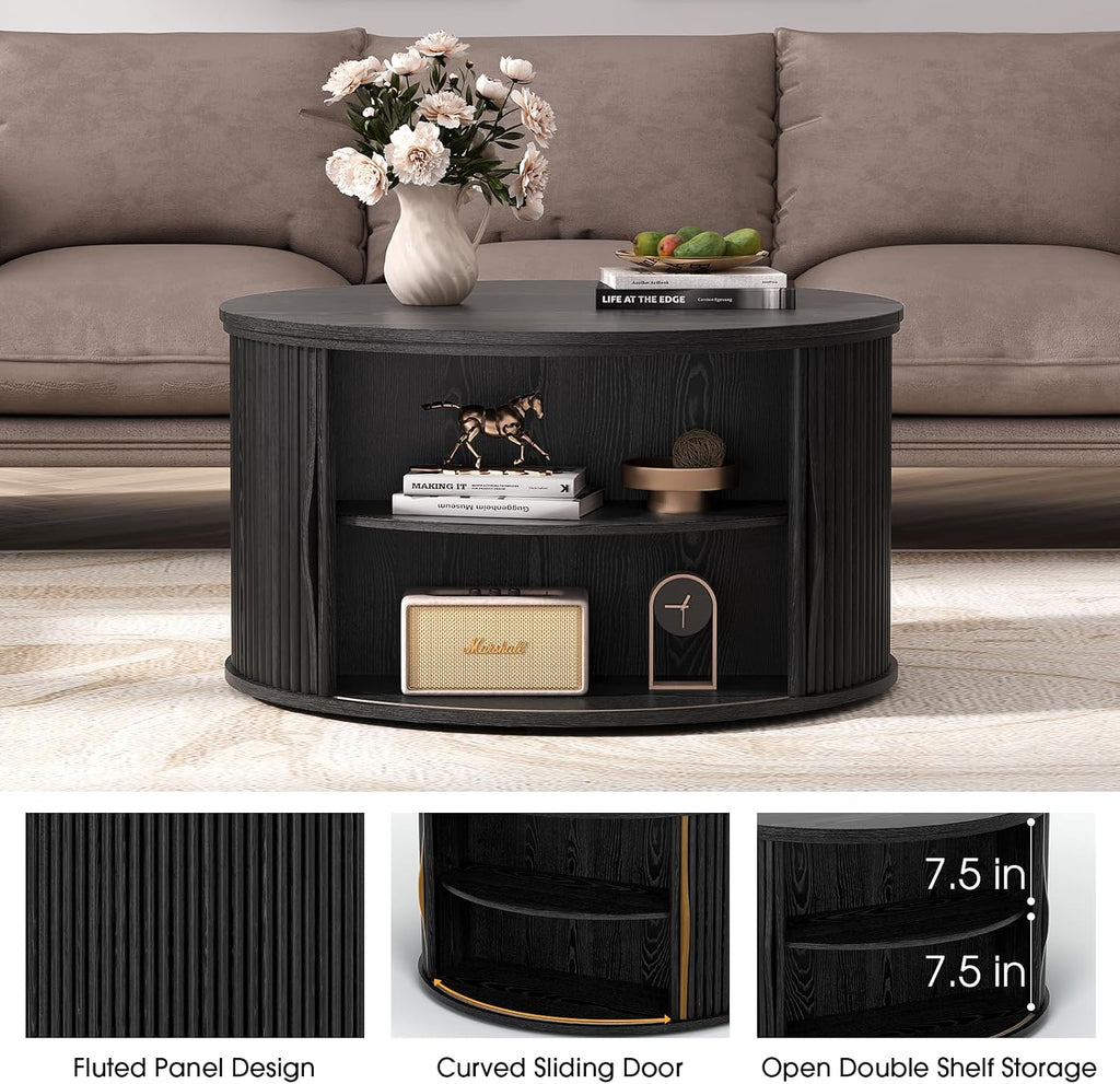 Round Lift Top Coffee Table, 31.5' Mid Century Modern Center Table with Hidden Storage, Fluted Circle Coffee Tables for Living Room, Home Office, Black