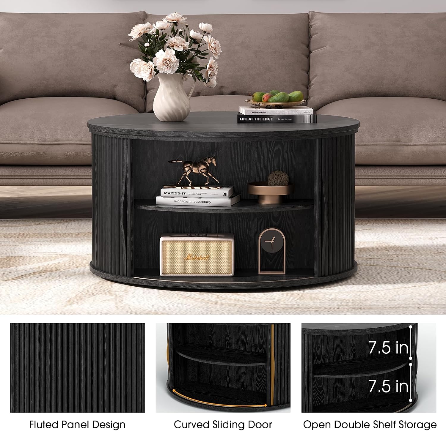 Round Lift Top Coffee Table, 31.5' Mid Century Modern Center Table with Hidden Storage, Fluted Circle Coffee Tables for Living Room, Home Office, Black