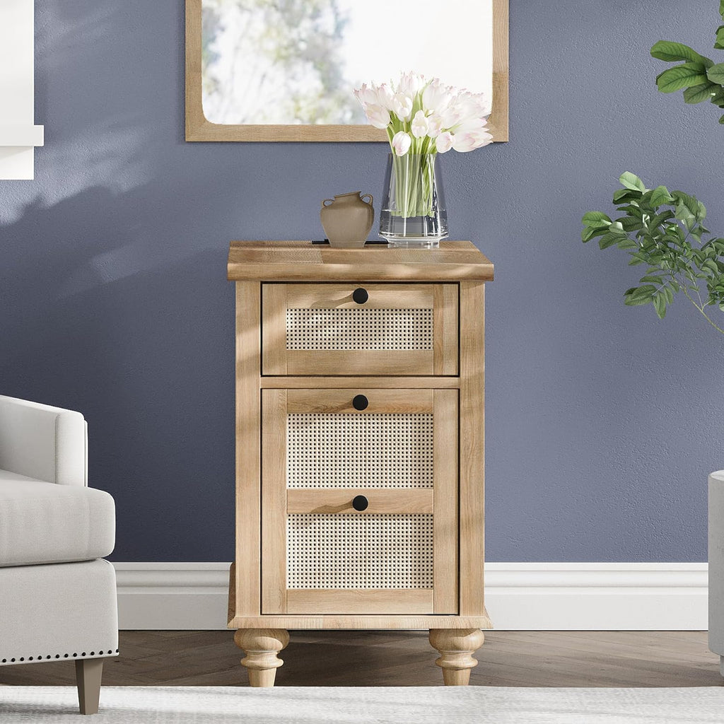 WAMPAT Farmhouse End Table with Charging Station, Wood Side Table with Power Outlets & USB Ports, Rattan Nightstand with Drawer for Living Room, Bedroom, Oak