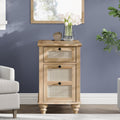 WAMPAT Farmhouse End Table with Charging Station, Wood Side Table with Power Outlets & USB Ports, Rattan Nightstand with Drawer for Living Room, Bedroom, Oak