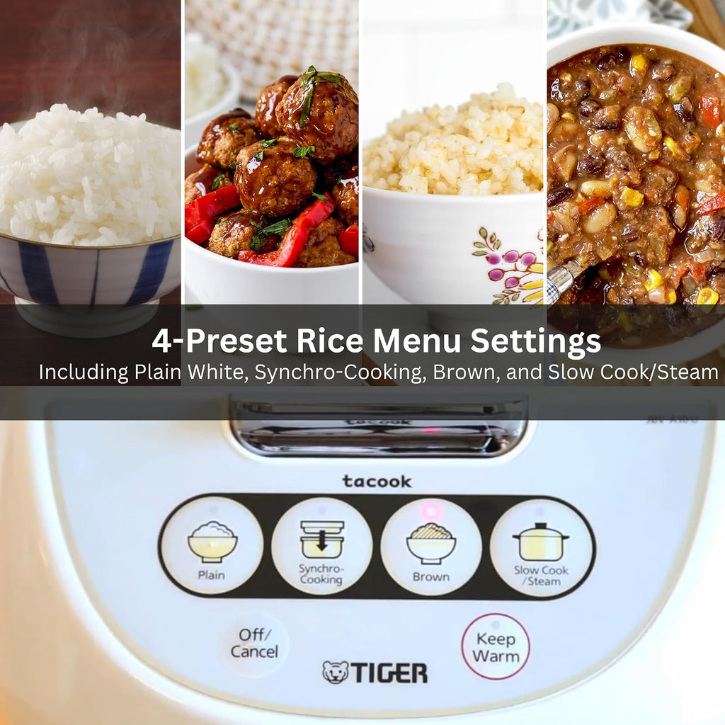 TIGER JBV-A10U 5.5-Cup (Uncooked) Micom Rice Cooker and Warmer with Tacook Food Steamer Cooking Tray Technology, White