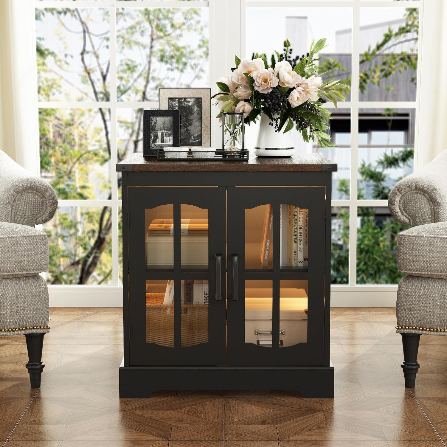 ChooChoo Rustic End Table, 24' Large Sofa Side Table with Charging Station & LED Light, Black Nightstand with Adjustable Storage Shelf, Square Bedside Table for Living Room, Bedroom, Office