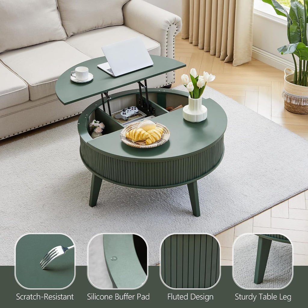 Round Lift Top Coffee Table with Storage, 35.4'' Fluted Wood Center Table Mid Century Modern Coffee Table with Lifting Top for Living Room, Office, Small Space Green