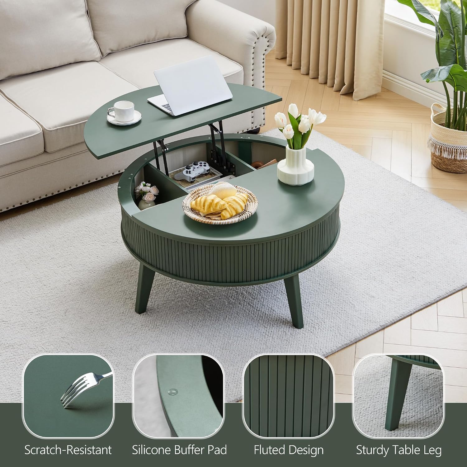 Round Lift Top Coffee Table with Storage, 35.4'' Fluted Wood Center Table Mid Century Modern Coffee Table with Lifting Top for Living Room, Office, Small Space Green