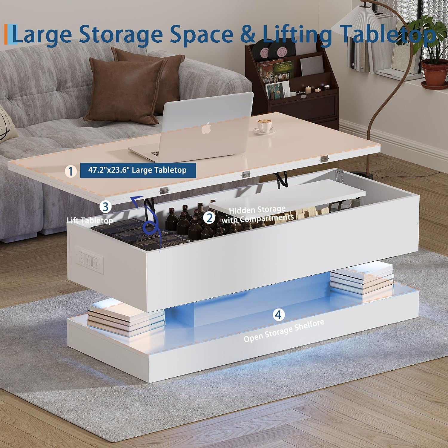 GarveeHome 47.2 Inch Large Lift Top Coffee Table Modern High Glossy LED Storage Table with APP Control for Living Room Dining Room Home Office White 47.2' l*19.29' w*17.72' h