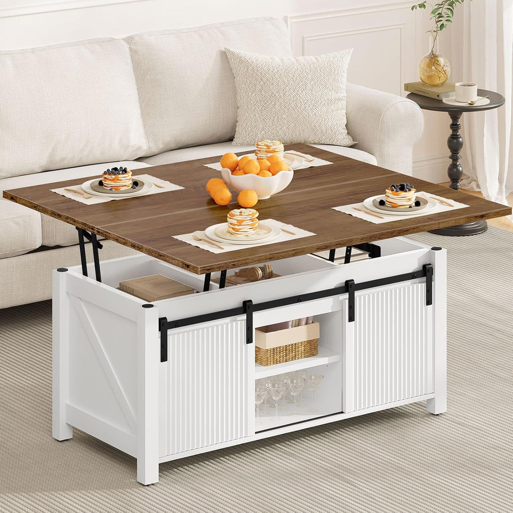 CHOEZON Lift Top Coffee Table, 4 in 1 Convertible Coffee Table, Farmhouse Coffee Tables, with Hidden Compartments, with Sliding Doors, for Living Room, Apartment, White and Walnut MKF01WL
