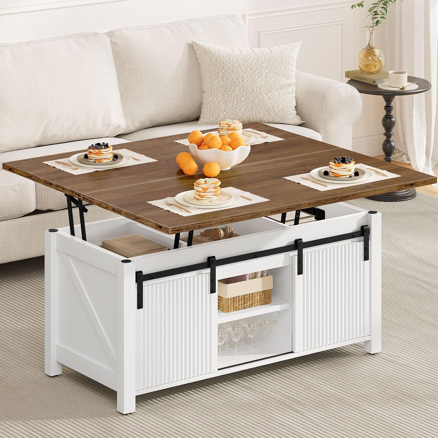 CHOEZON Lift Top Coffee Table, 4 in 1 Convertible Coffee Table, Farmhouse Coffee Tables, with Hidden Compartments, with Sliding Doors, for Living Room, Apartment, White and Walnut MKF01WL