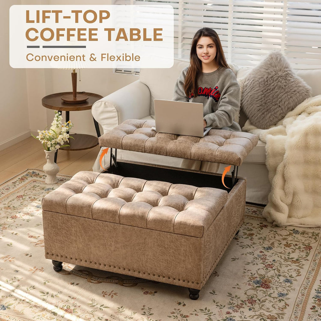 Redlife 35 Inch Large Square Storage Ottoman, Storage Ottoman Coffee Table with Lift Top Faux Leather Ottomans Bench Square Footrest Oversized Upholstered Coffee Table for Living Room (Champagne)