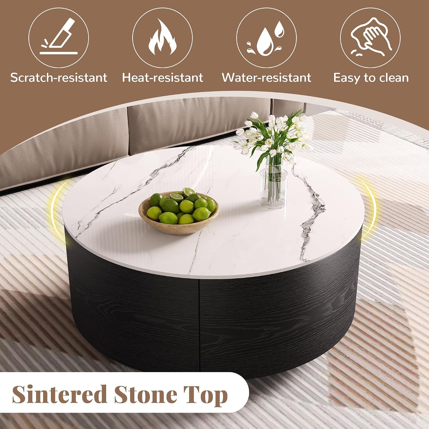Merax 29.5' Round Coffee Table for Living Room, Movable Accent Table with Casters and 2 Storage Drawers, Marble Pattern Sintered Stone Top, Black and White