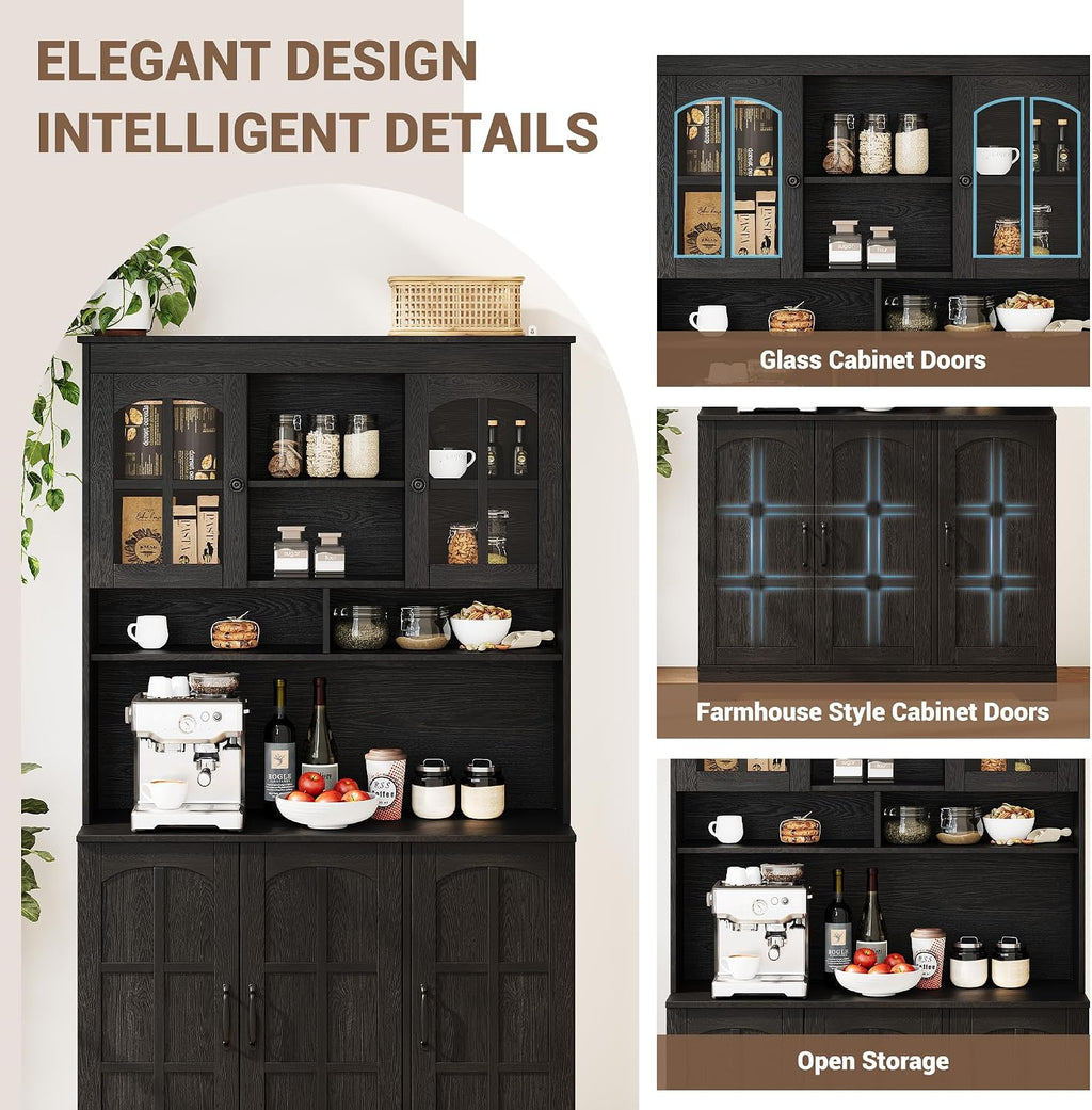 Garvee Pantry Cabinet with Charging Station, Tall Kitchen Pantry Storage Cabinet with Hutch,70.9 Inch Kitchen Cabinet with Glass Doors, for Dining Room