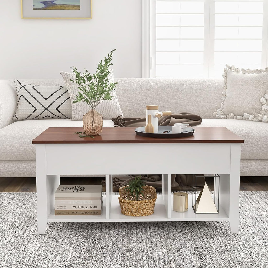 Giantex Lift Top Coffee Table - Rectangular Wooden Table w/Hidden Compartment & Open Storage Shelves, Multifunctional Modern Flip Top Center Table for Living Room, Reception Room, Office (White)