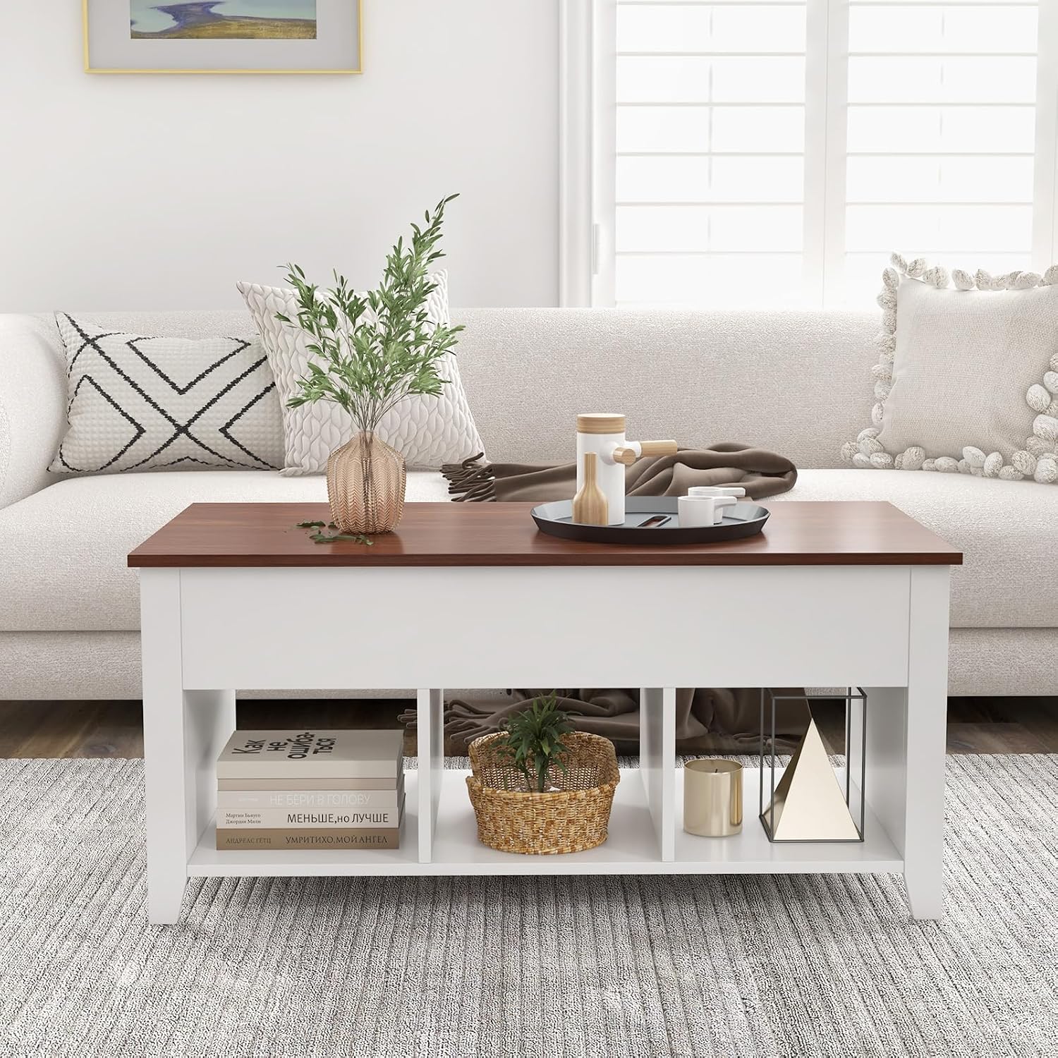 Giantex Lift Top Coffee Table - Rectangular Wooden Table w/Hidden Compartment & Open Storage Shelves, Multifunctional Modern Flip Top Center Table for Living Room, Reception Room, Office (White)