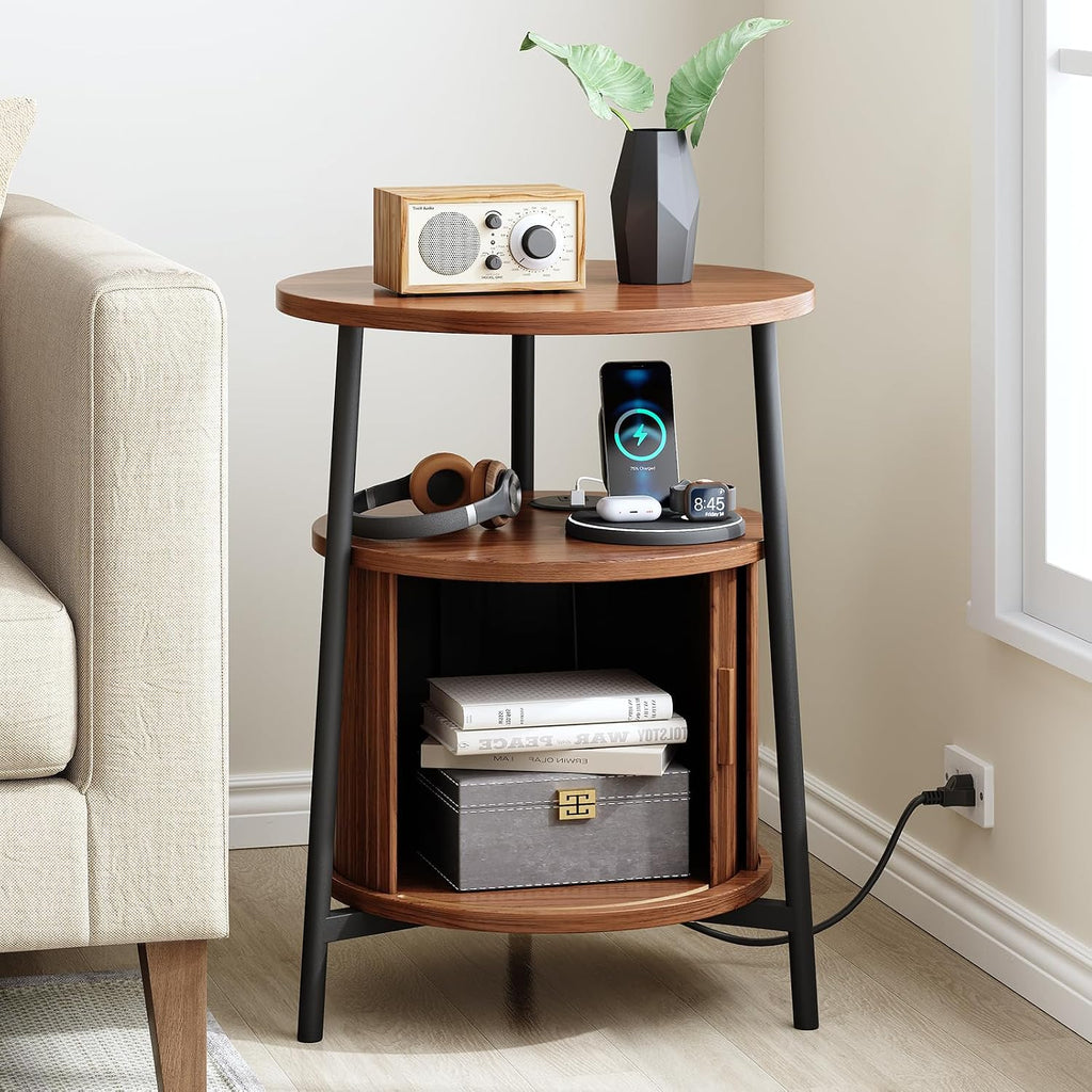 ONBRILL Round Side Table with Storage, Fluted Nightstand with Charging Station, Small Mid-Century Modern Bedside Tables, Walnut End Tables for Small Space Living Room Bedroom Sofa Couch (2 PCS)
