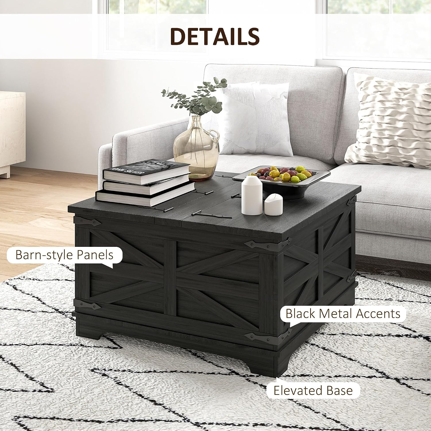 HOMCOM Farmhouse Coffee Table with Storage, Center Table with Hinged Lift Top and Hidden Space, Square Coffee Table for Living Room, Distressed Black