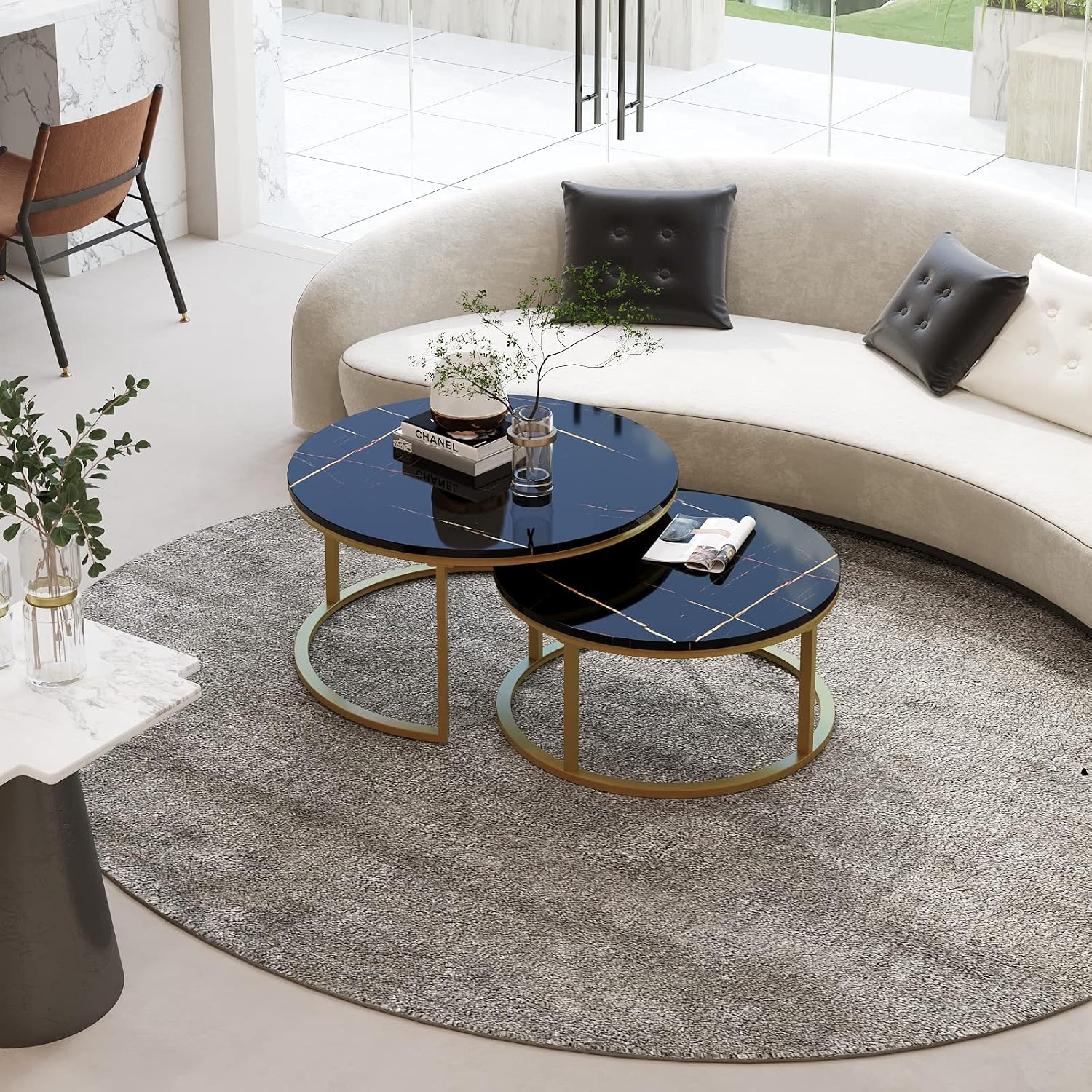 WiberWi Round Coffee Table Nesting Tables Set of 2, Large : Ø 34.0', Small : Ø 26.0', Modern Design Coffee Tables for Living Room, Gold Metal Frame Circle Cocktail Table, High Glossy Faux Black Marble