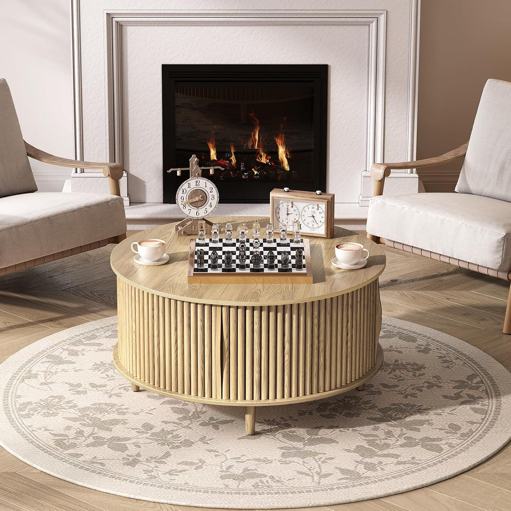 Round Coffee Table with Storage, 31.5' Mid Century Modern Coffee Table with Sliding Door & Solid Wood Legs, Minimalist Fluted Center Table for Living Room, Home Small Space, Oak