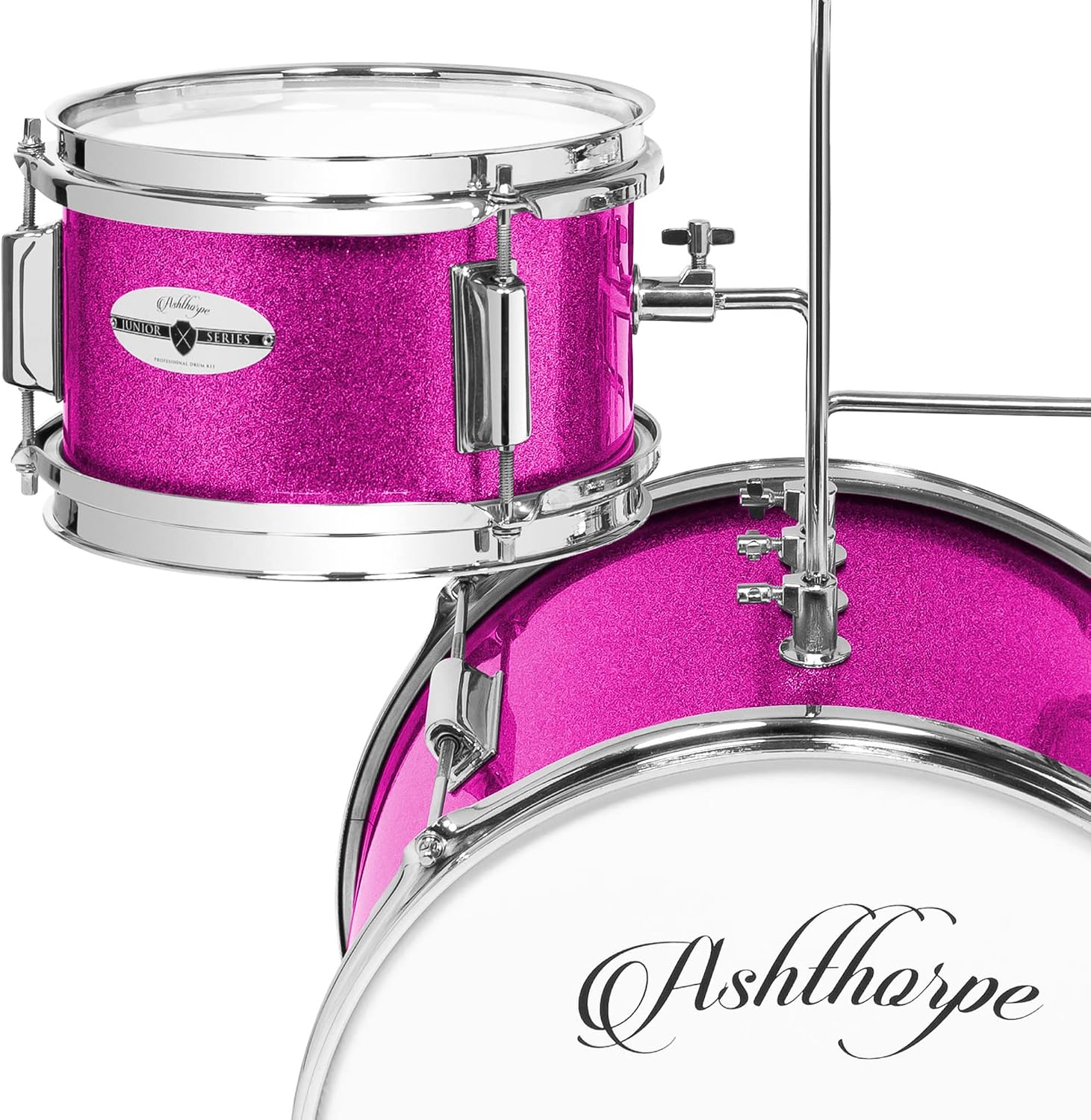 Ashthorpe 3-Piece Complete Drum Set - Beginner Kit with 14' Bass, Adjustable Throne, Cymbal, Pedal & Drumsticks - Pink