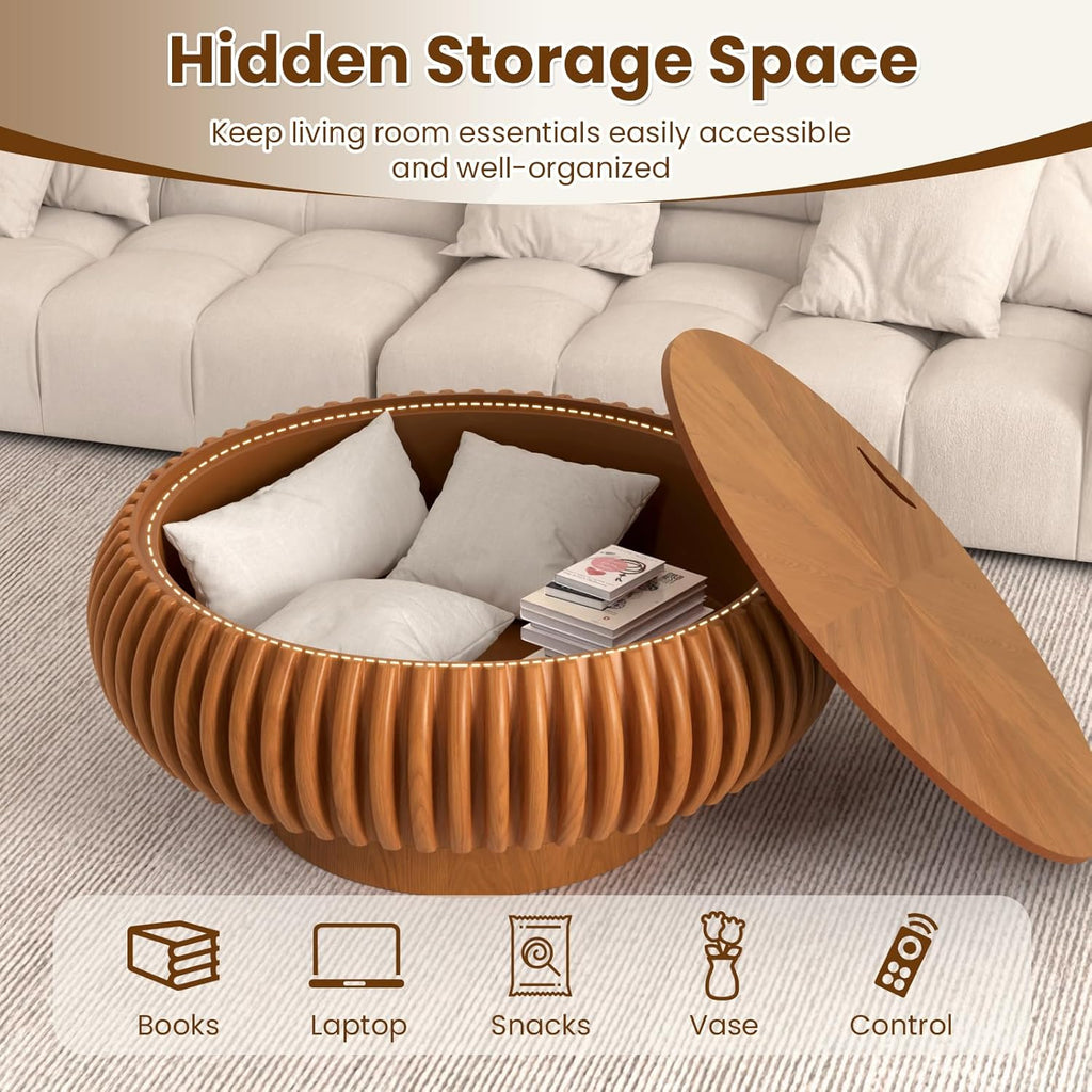 Fluted Round Coffee Table with Storage, 31.5' Modern Drum Wood Coffee Tables with Sturdy Base, Unique Circle Center Tea Table for Living Room Apartment Small Spaces (31.49' Brown with Storage)