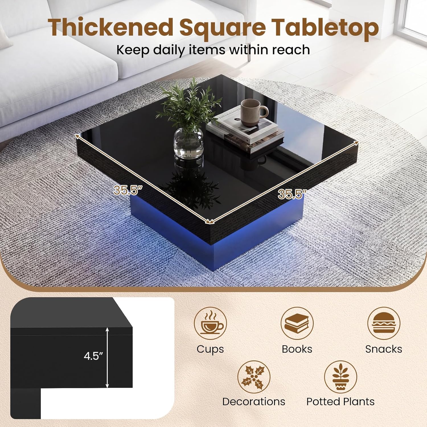 GOFLAME LED Coffee Table for Living Room, 35.5' Square Center Table with Storage, Adjustable Light Colors, Speed & Brightness, Remote Control, Modern High Glossy, Wooden Accent Tea Tables (Black)