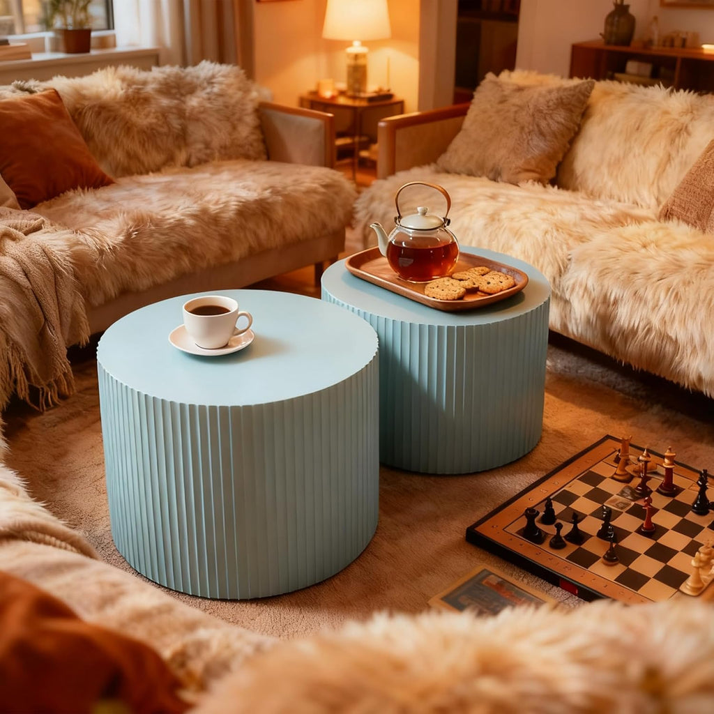 Nesting Coffee Table Set of 2, 23.6 inch Round Coffee Tables, MDF Nesting Tables with Roman Column Design, Modern Handcrafted Wooden Drum Accent Tables for Living Room - Light Blue