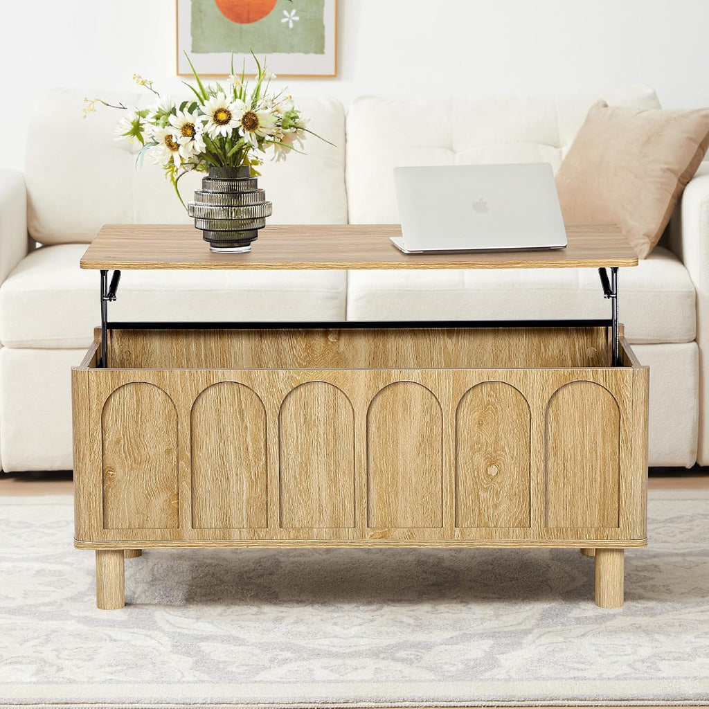 Lift Top Coffee Table with Arched Finish, Modern Coffee Table with Lifting Tabletop & Hidden Storage, Wood Center Table for Living Room,Convenient for Dining, Gaming or Working (Natural)