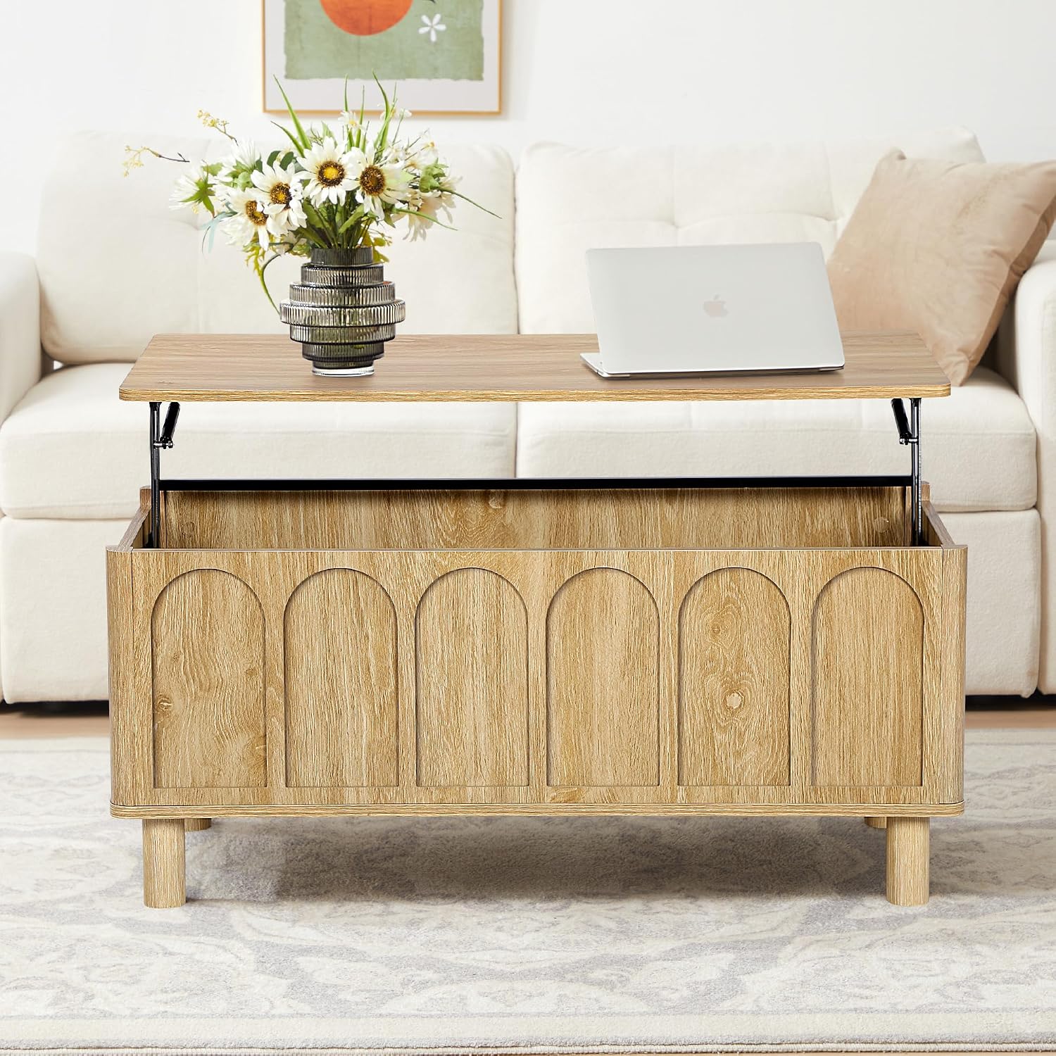 Lift Top Coffee Table with Arched Finish, Modern Coffee Table with Lifting Tabletop & Hidden Storage, Wood Center Table for Living Room,Convenient for Dining, Gaming or Working (Natural)