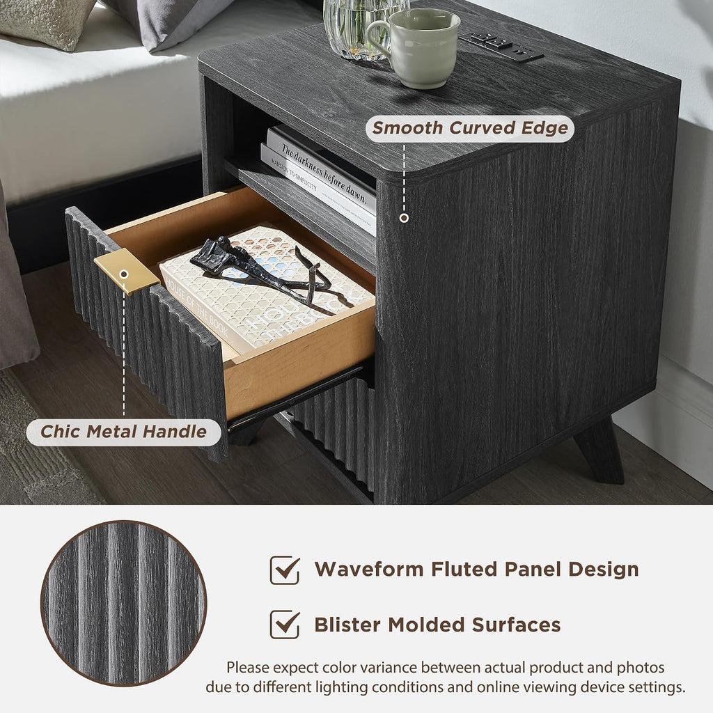T4TREAM Fluted Nightstand Set of 2 with Charging Station, 18' Modern Side Table, 2 Drawers End Table with Storage, Bedside for Bedroom, Living Room, Curved Profile Design, Dark Alder
