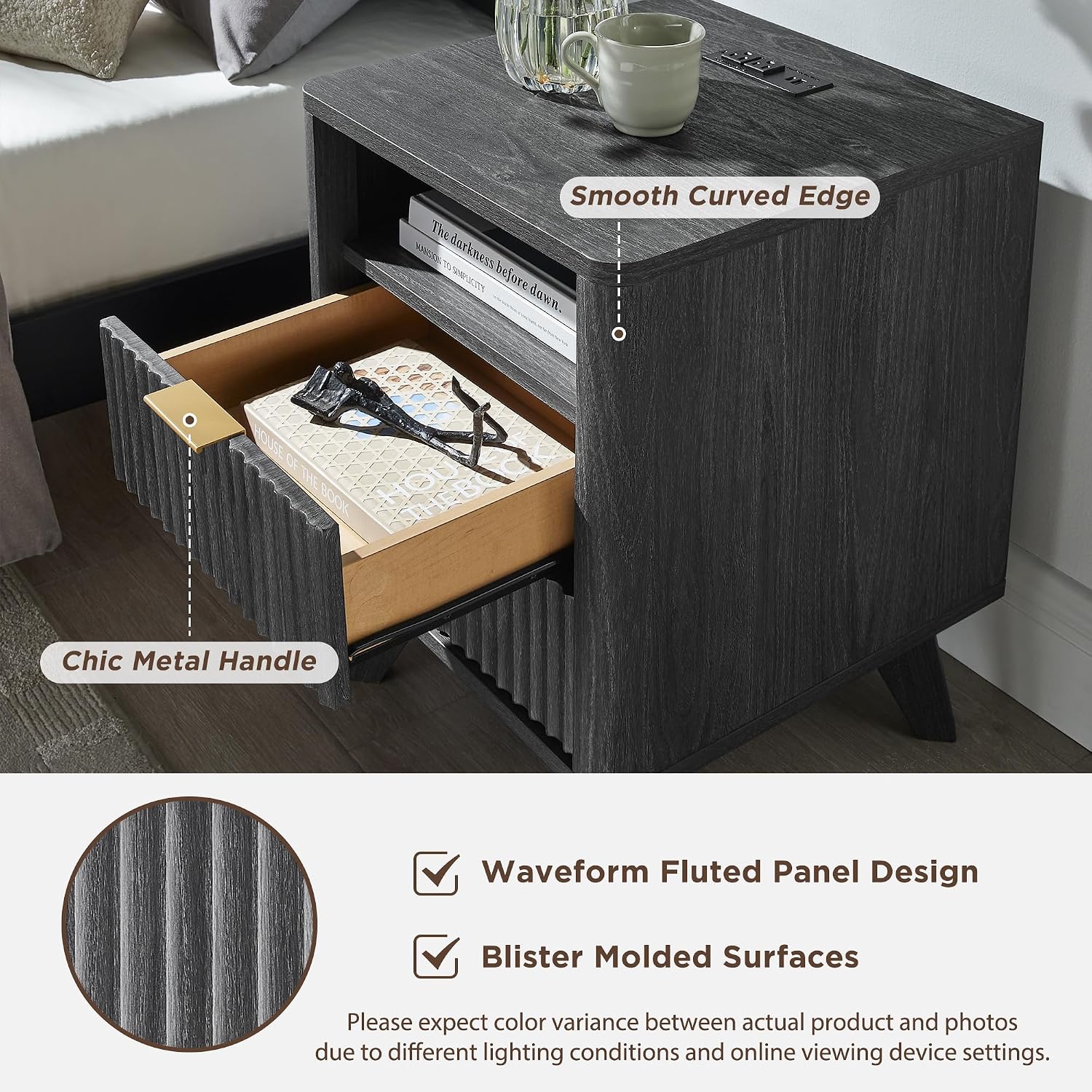 T4TREAM Fluted Nightstand Set of 2 with Charging Station, 18' Modern Side Table, 2 Drawers End Table with Storage, Bedside for Bedroom, Living Room, Curved Profile Design, Dark Alder