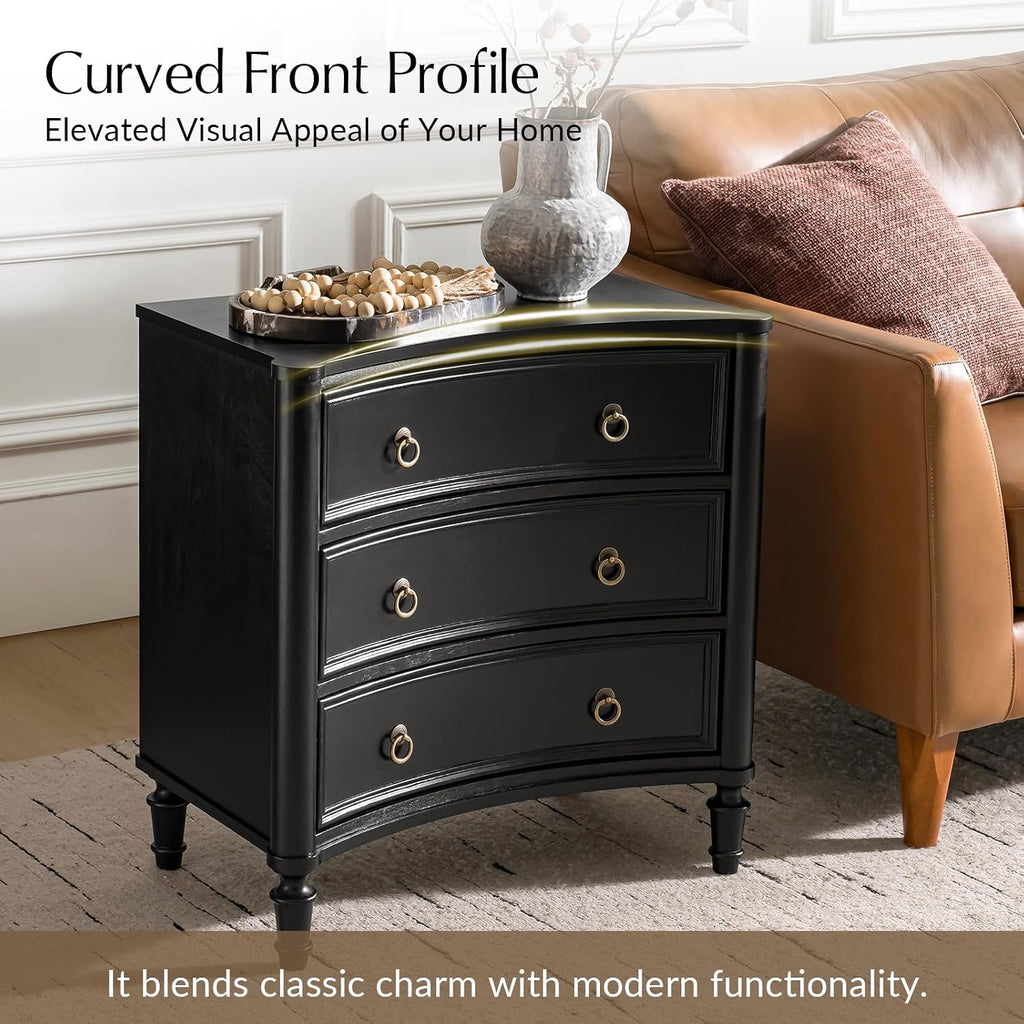 HULALA HOME 3 Drawer End Tables Set of 2 with Charging Station, 26' Wide Endtables with Solid Wood Legs and Curved Profile, Classic Side Tables for Living Room, Black