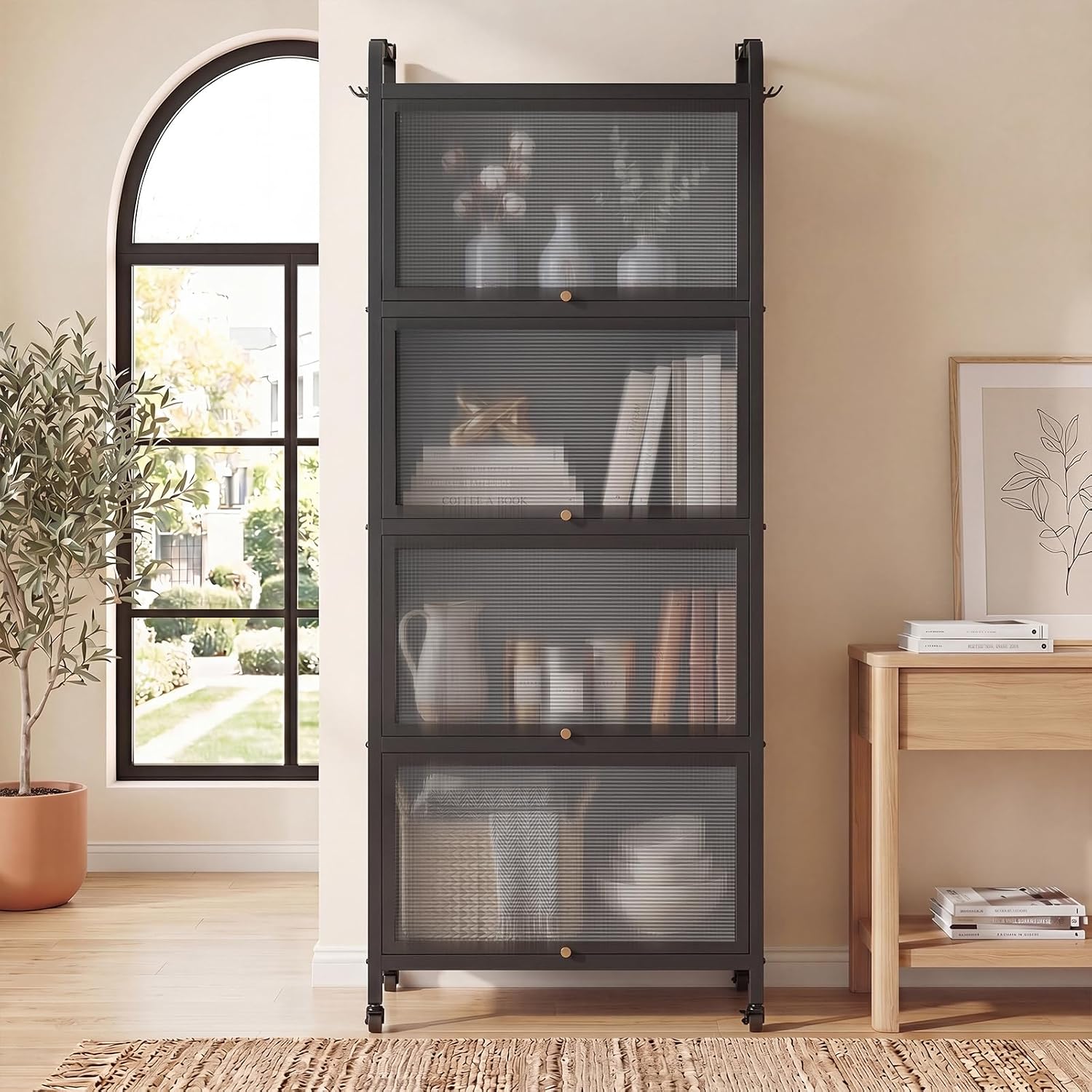LOKO 5-Tier Kitchen Storage Cabinet,Freestanding Baker's Rack with 4 Rolling Casters, Mobile Microwave Stand with Double Anti-toppling Device, for Dining Room, Living Room and Study (Grey, 60.5' H)