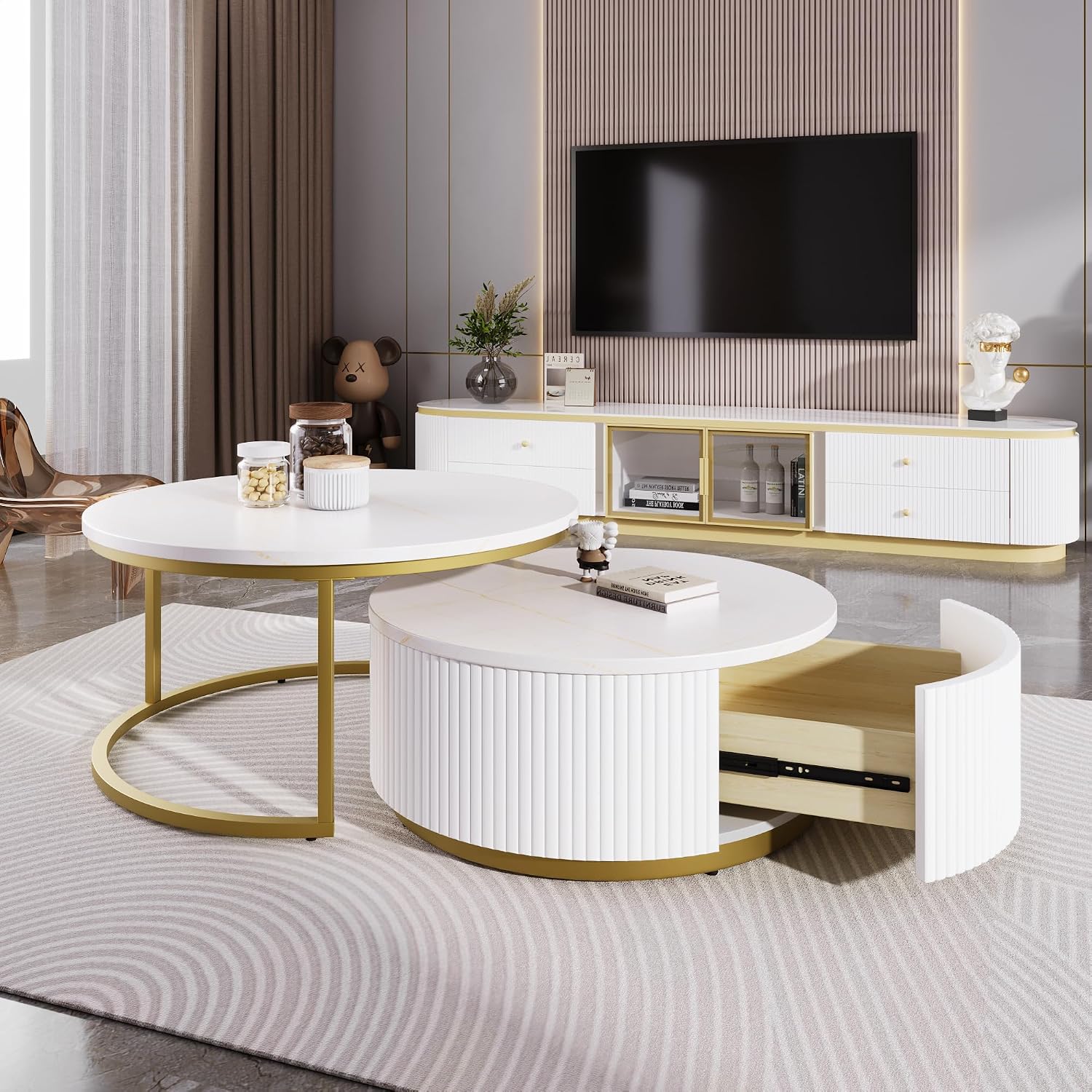 Merax 27.6' Modern Round Nesting Coffee Table Fluted with Drawer for Home Living Room, White & Gold