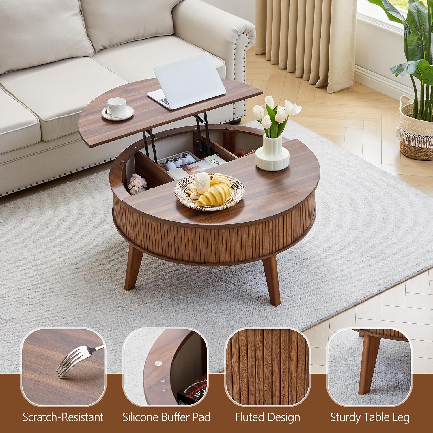 Round Lift Top Coffee Table with Storage, 35.4'' Fluted Wood Center Table Mid Century Modern Coffee Table with Lifting Top for Living Room, Office, Small Space (Walnut)